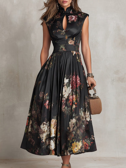 Satin Cap Sleeve Dark Floral Cutout Midi Dress