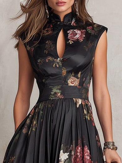 Satin Cap Sleeve Dark Floral Cutout Midi Dress