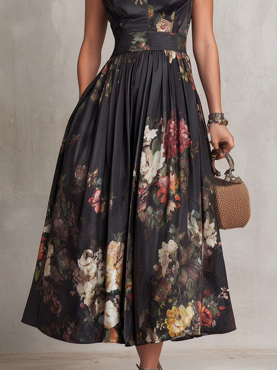 Satin Cap Sleeve Dark Floral Cutout Midi Dress