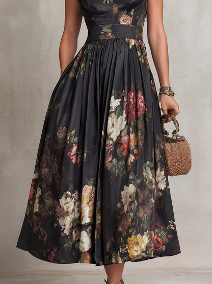 Satin Cap Sleeve Dark Floral Cutout Midi Dress