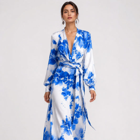 Satin Floral Long Sleeve Maxi Dress