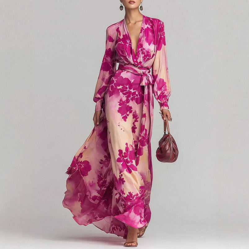 Satin Floral Long Sleeve Maxi Dress