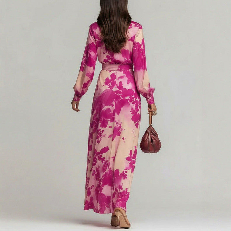 Satin Floral Long Sleeve Maxi Dress