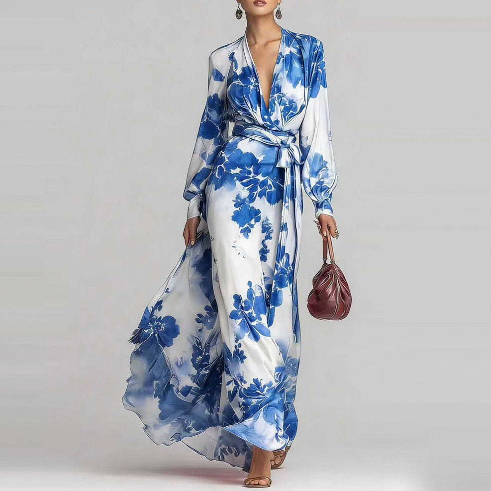Satin Floral Long Sleeve Maxi Dress