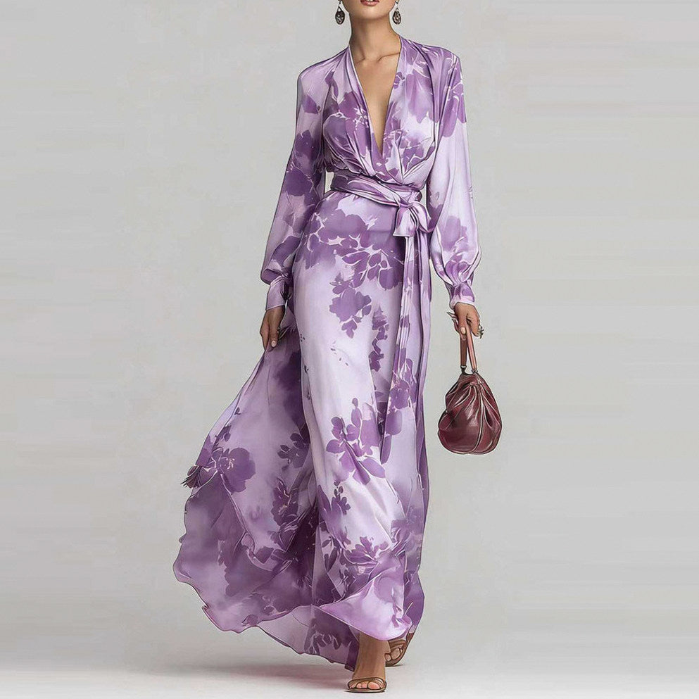 Satin Floral Long Sleeve Maxi Dress