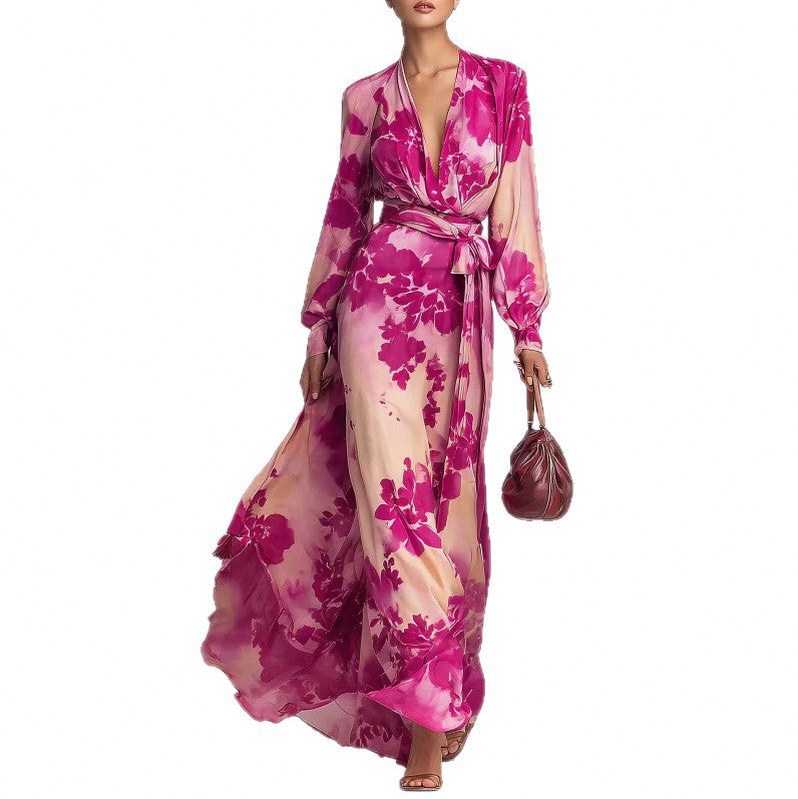Satin Floral Long Sleeve Maxi Dress