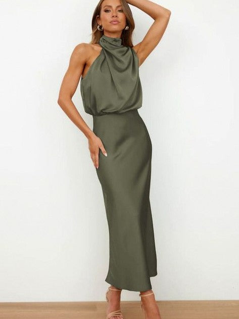 Satin Halter Draped Midi Dress