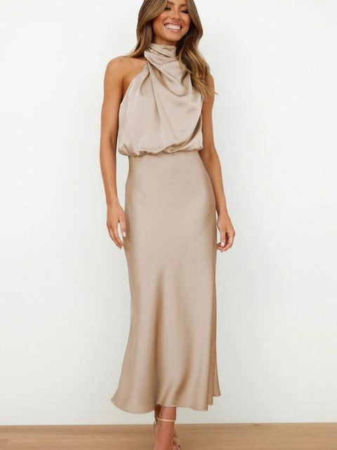 Satin Halter Draped Midi Dress