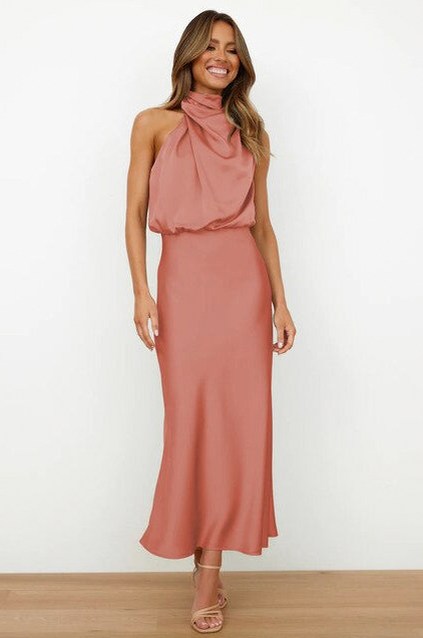 Satin Halter Draped Midi Dress