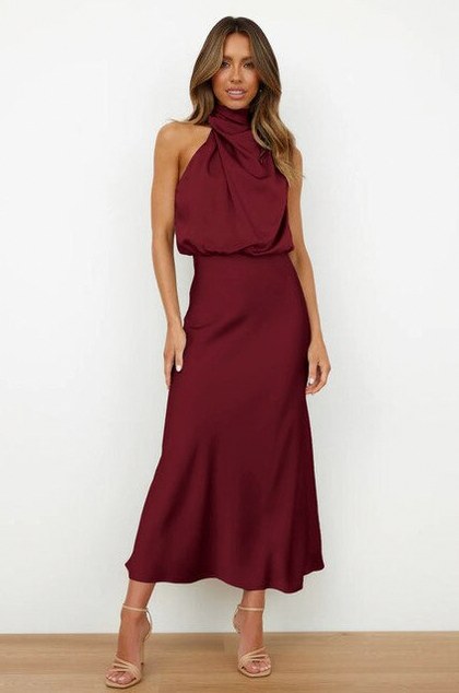 Satin Halter Draped Midi Dress