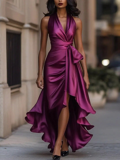 Satin Halter High Low Maxi Dress