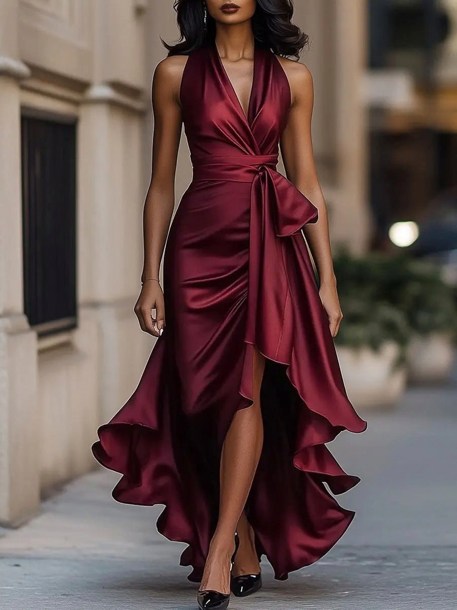 Satin Halter High Low Maxi Dress