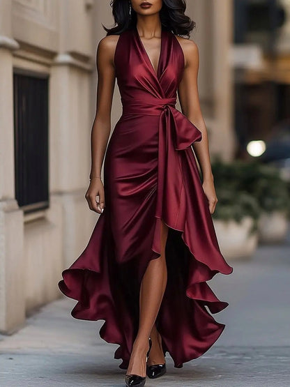 Satin Halter High Low Maxi Dress