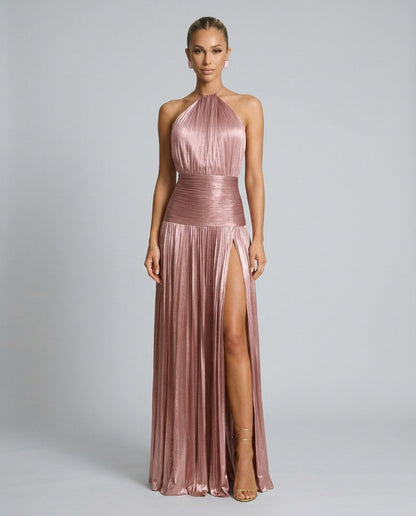 Satin Halter Pleated Maxi Dress