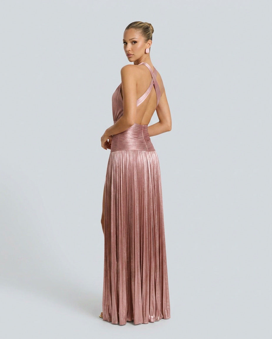 Satin Halter Pleated Maxi Dress
