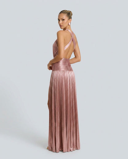 Satin Halter Pleated Maxi Dress