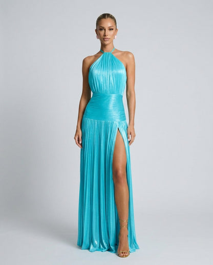 Satin Halter Pleated Maxi Dress