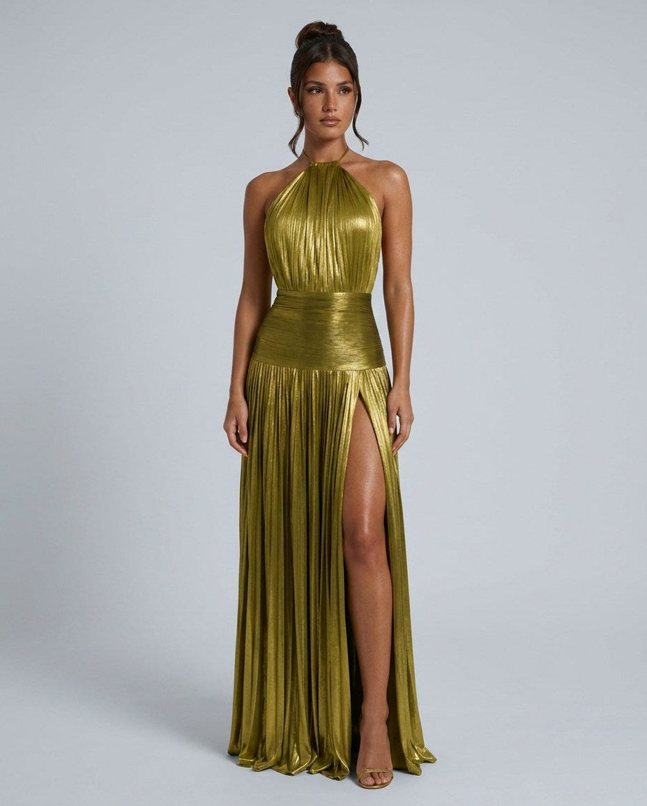 Satin Halter Pleated Maxi Dress