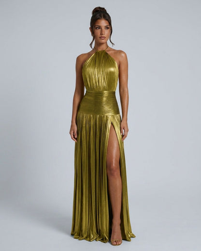 Satin Halter Pleated Maxi Dress