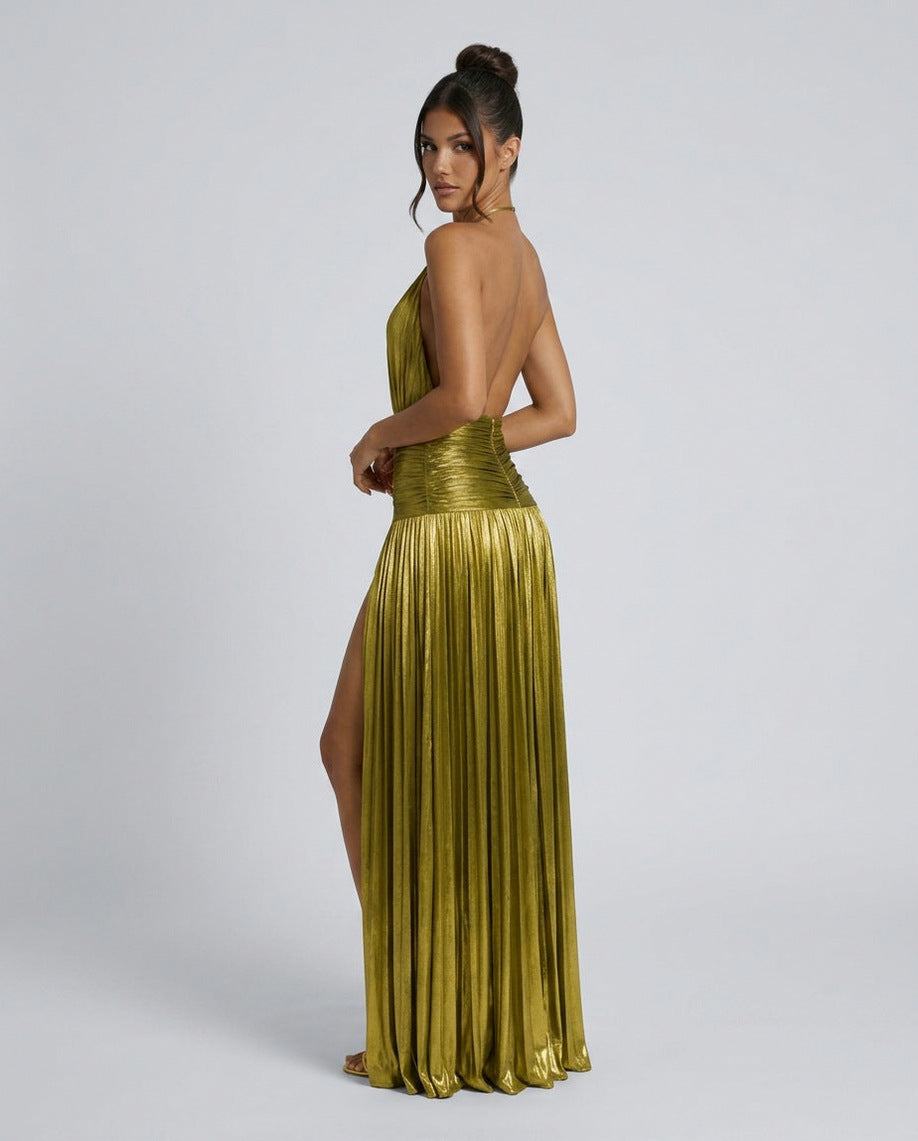 Satin Halter Pleated Maxi Dress