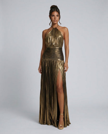 Satin Halter Pleated Maxi Dress