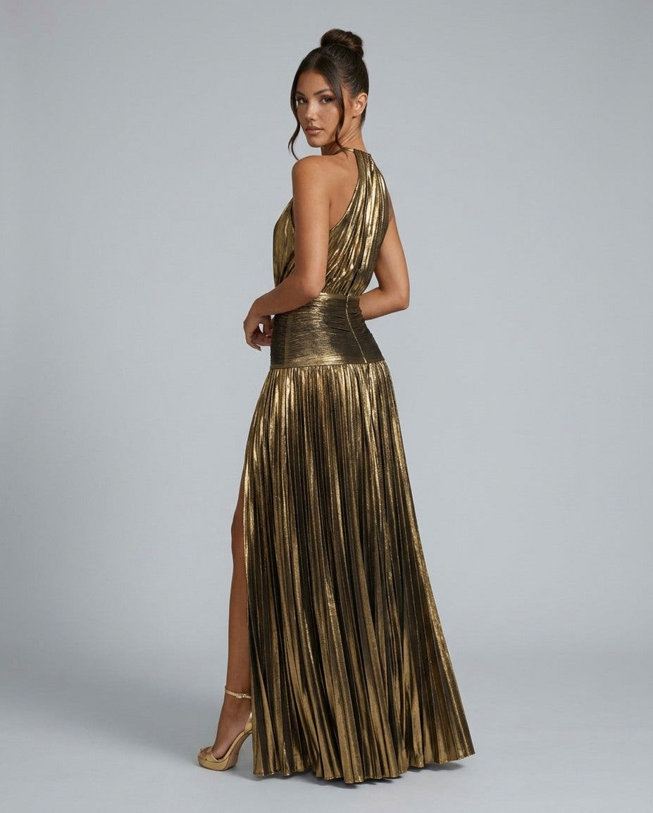 Satin Halter Pleated Maxi Dress