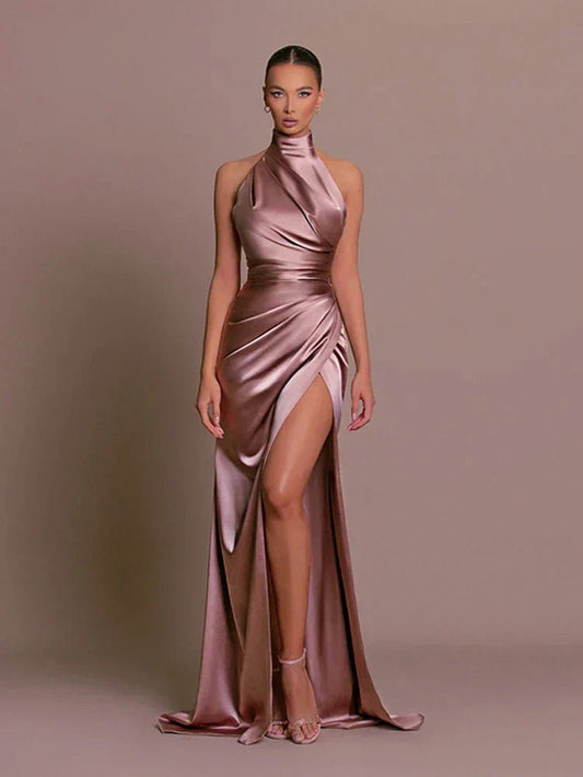 Satin High Neck Ruched Maxi Dress