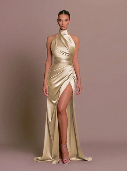 Satin High Neck Ruched Maxi Dress