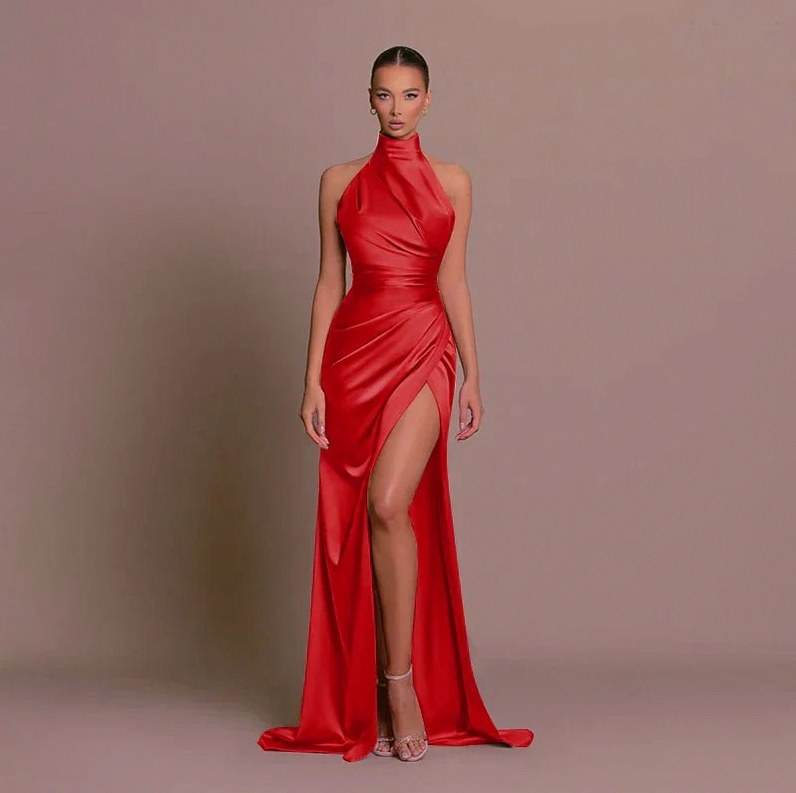 Satin High Neck Ruched Maxi Dress