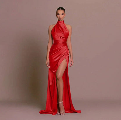Satin High Neck Ruched Maxi Dress