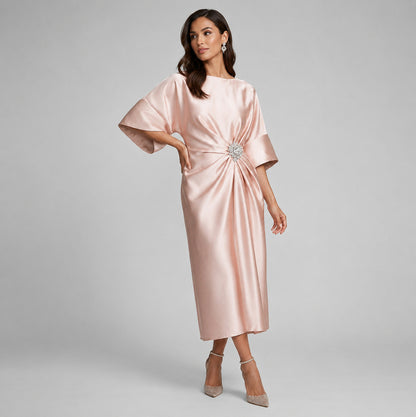 Satin 3/4 Sleeve Kimono Sleeve Midi Dress