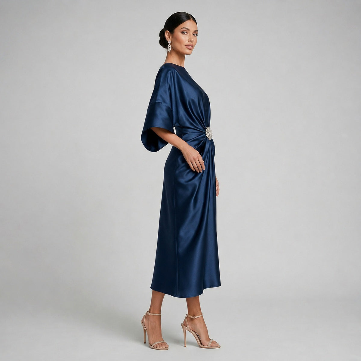 Satin 3/4 Sleeve Kimono Sleeve Midi Dress