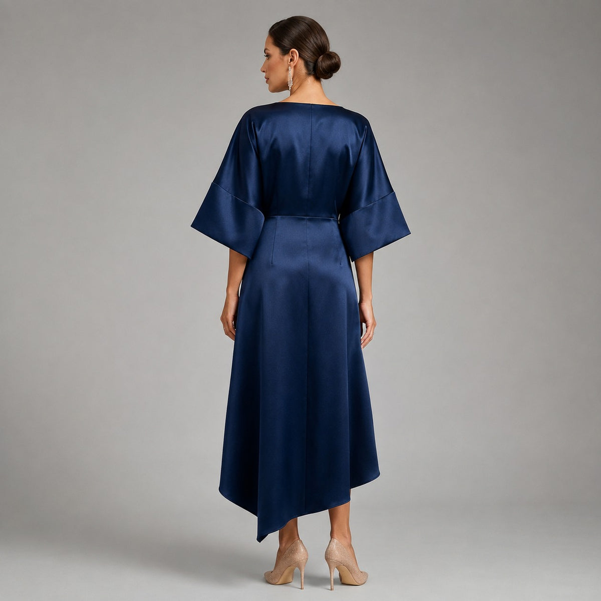 Satin 3/4 Sleeve Kimono Sleeve Midi Dress