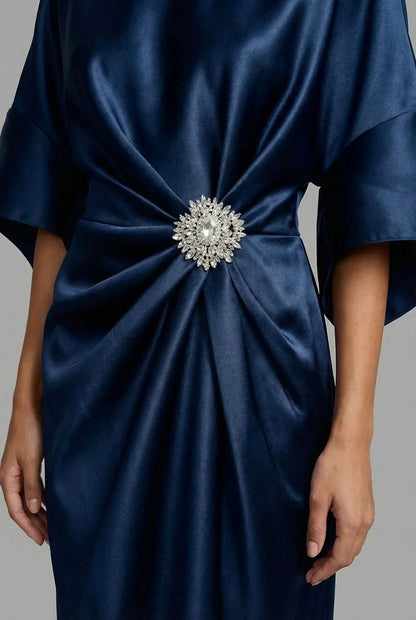 Satin 3/4 Sleeve Kimono Sleeve Midi Dress