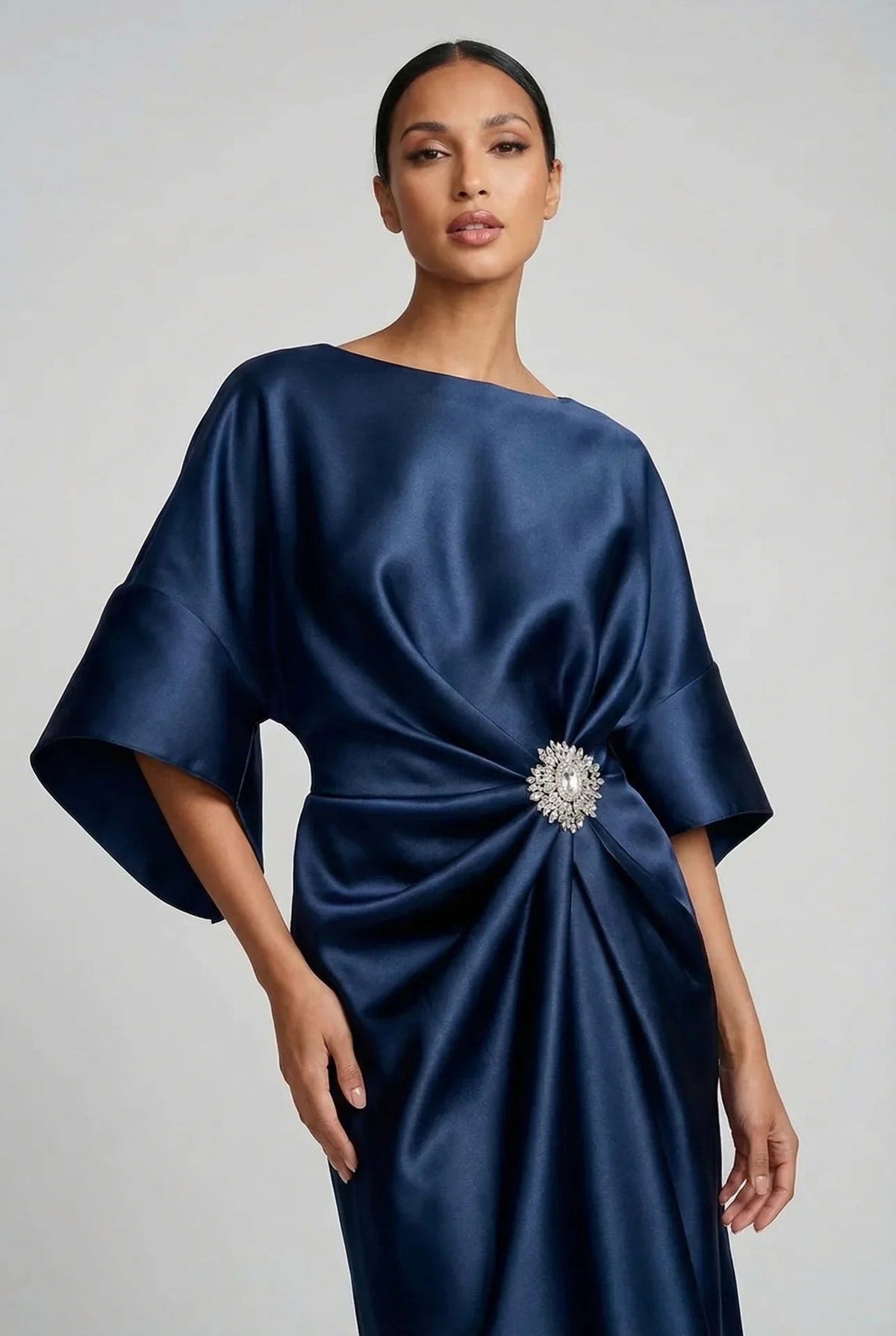 Satin 3/4 Sleeve Kimono Sleeve Midi Dress