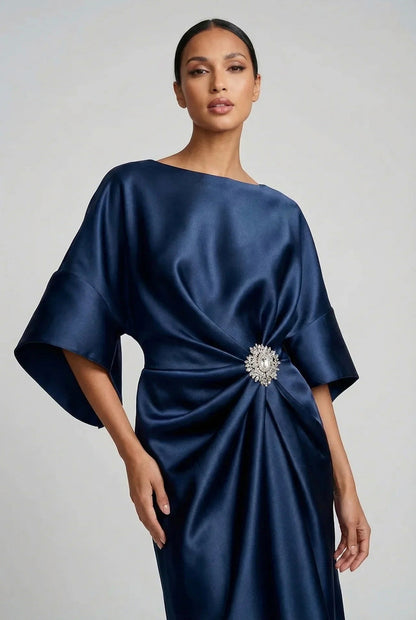 Satin 3/4 Sleeve Kimono Sleeve Midi Dress