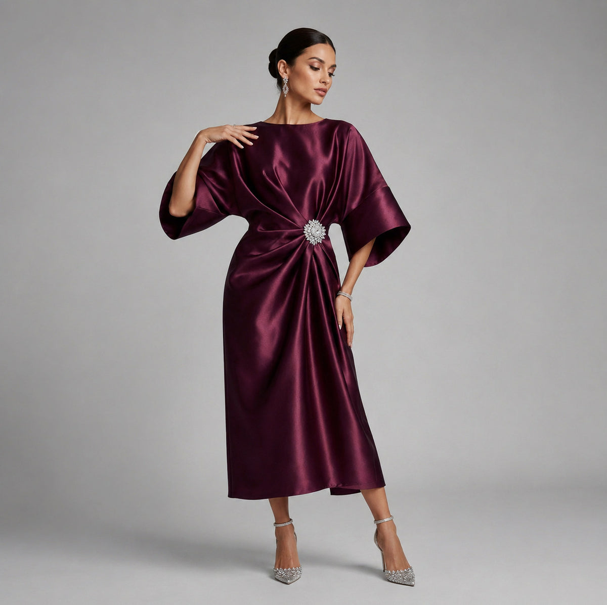 Satin 3/4 Sleeve Kimono Sleeve Midi Dress