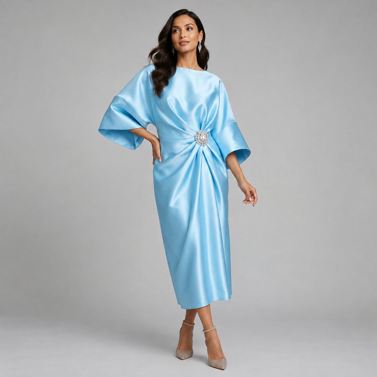 Satin 3/4 Sleeve Kimono Sleeve Midi Dress