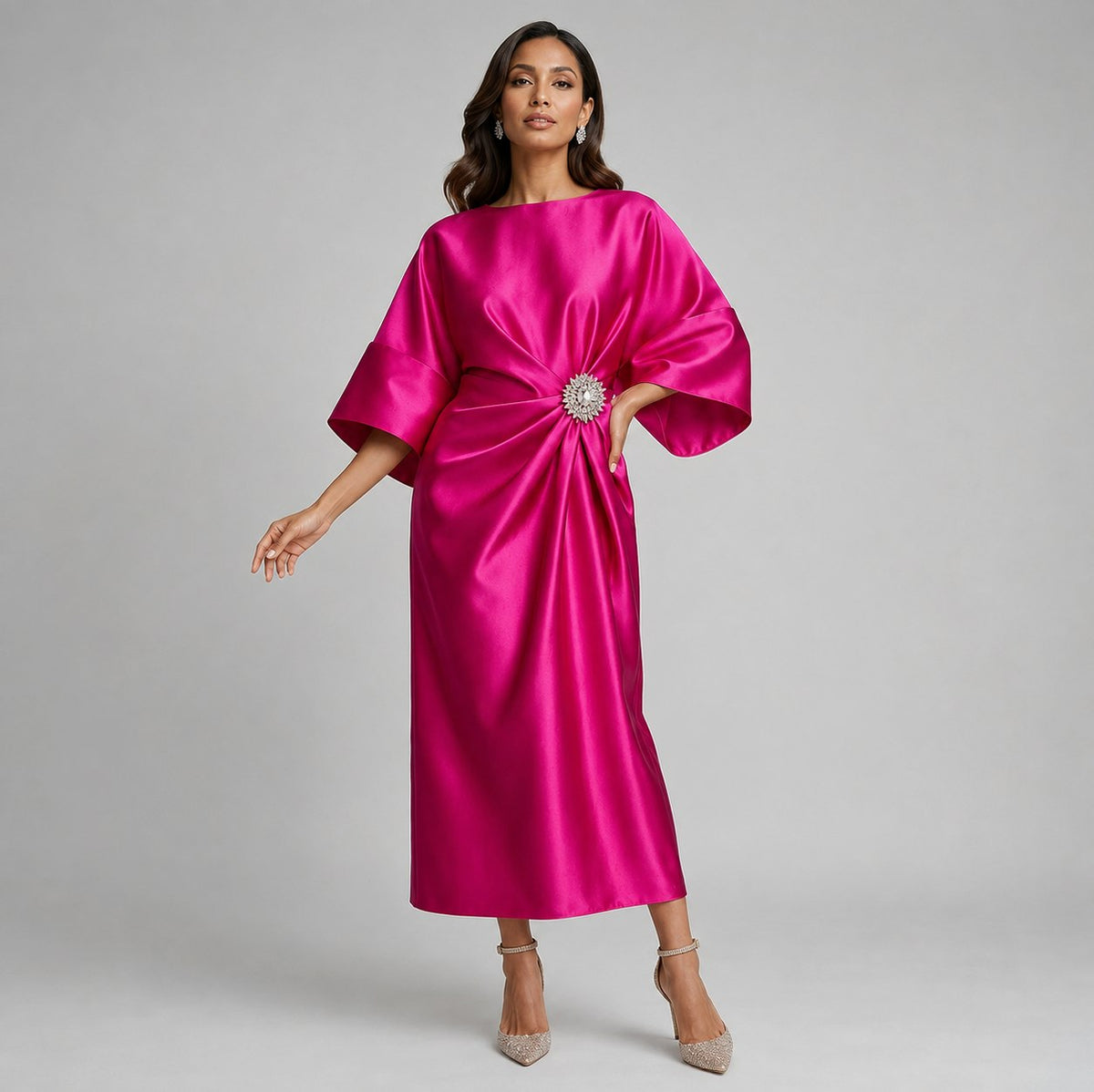 Satin 3/4 Sleeve Kimono Sleeve Midi Dress