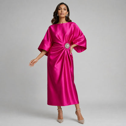 Satin 3/4 Sleeve Kimono Sleeve Midi Dress
