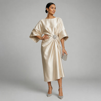 Satin 3/4 Sleeve Kimono Sleeve Midi Dress