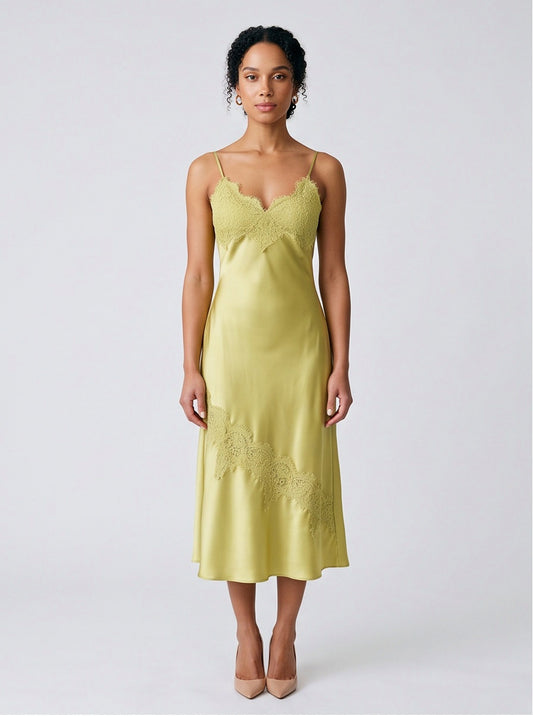 Satin Lace Trim Slip Midi Dress