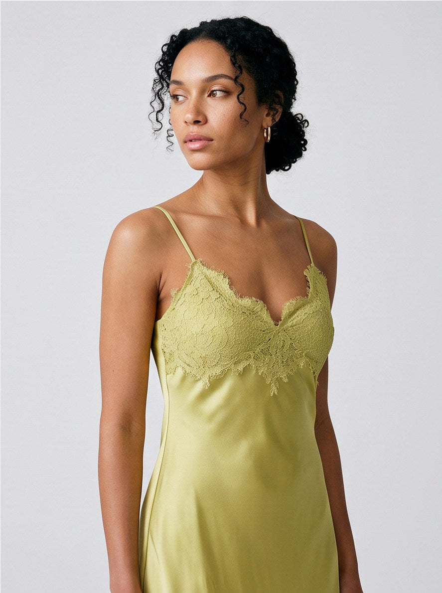 Satin Lace Trim Slip Midi Dress