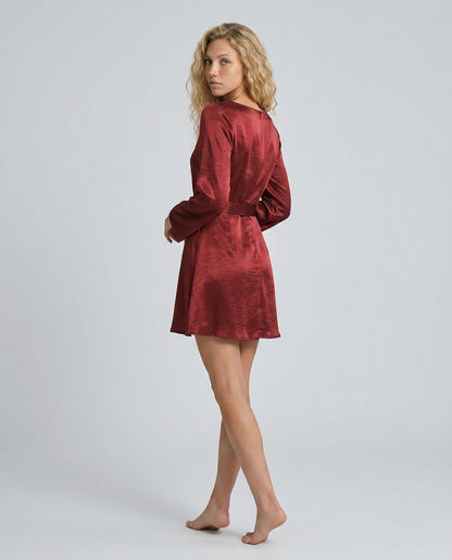 Satin Long Sleeve Belted Mini Dress