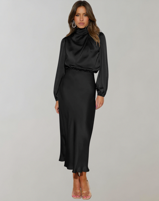 Satin Long Sleeve Midi Dress