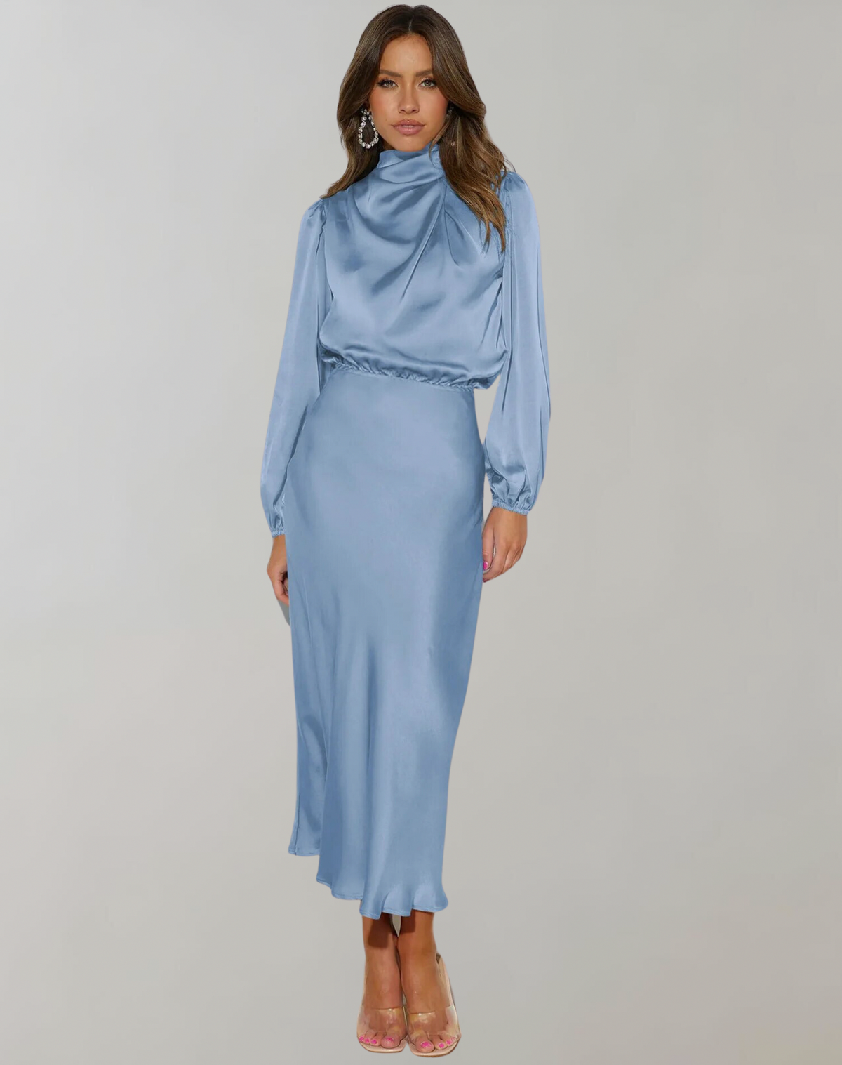 Satin Long Sleeve Midi Dress
