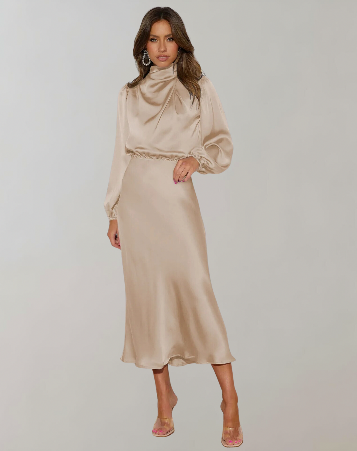 Satin Long Sleeve Midi Dress