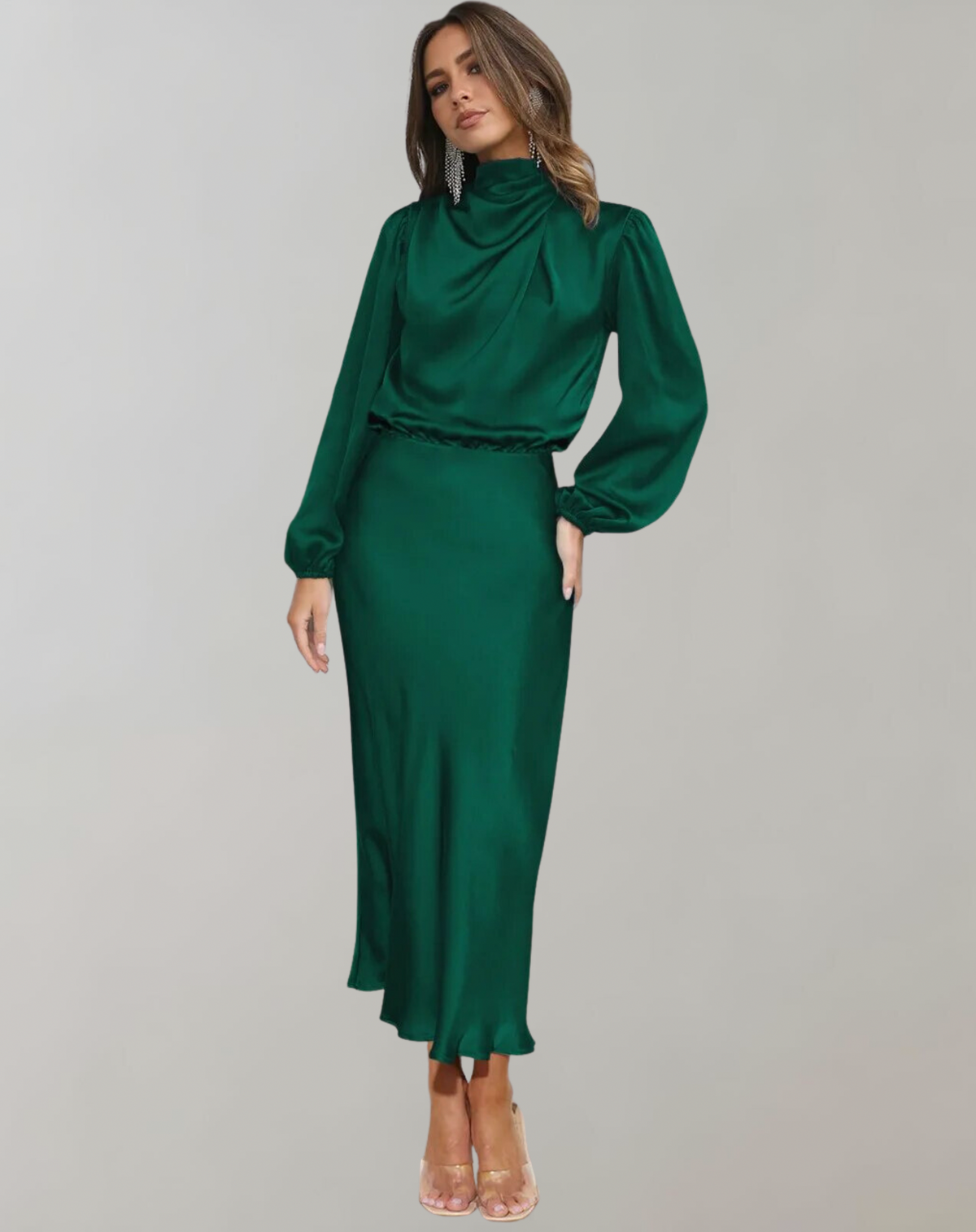 Satin Long Sleeve Midi Dress