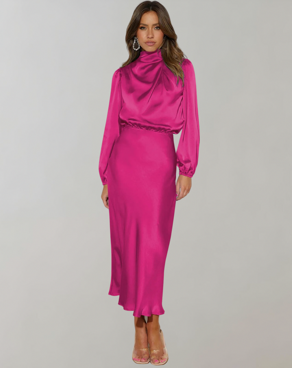 Satin Long Sleeve Midi Dress