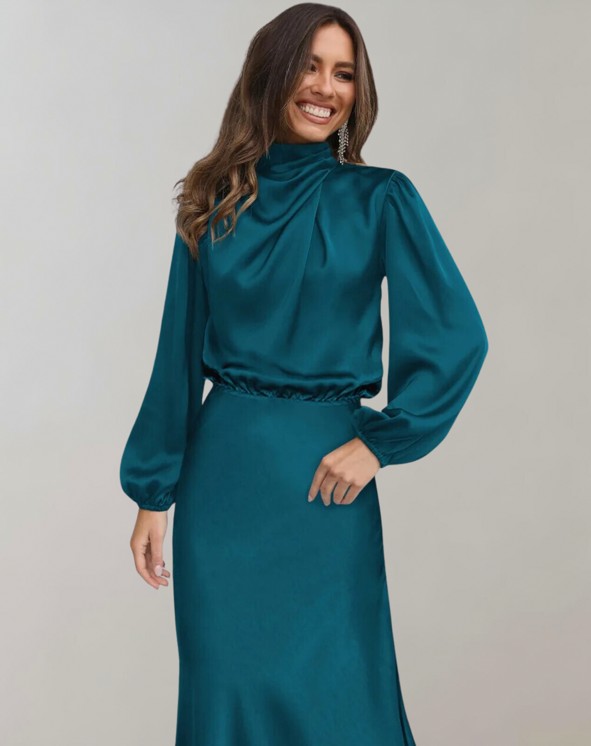 Satin Long Sleeve Midi Dress